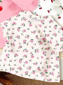 SHEIN 3pcs/Set Baby Girl Casual Cherry & Ditsy Floral Round Neck Short Sleeve T-Shirts, Suitable For Spring & Summer - Multicolor - View 4