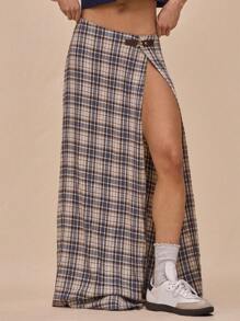 MUSERA Low Rise Hardware Buckle Detail Split Plaid Checked Maxi Skirt Summer Casual, Elegant, Summer The Book Shop Fall, Autumn, Winter, Back To School Fall Autumn Winter Christmas Fall Winter Thanksgiving