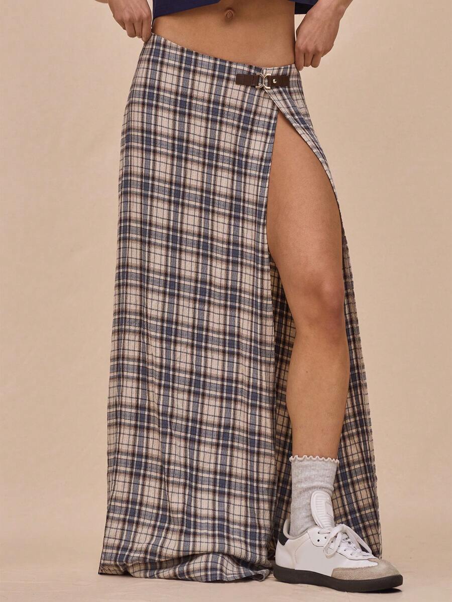 MUSERA Low Rise Hardware Buckle Detail Split Plaid Checked Maxi Skirt Summer Casual, Elegant, Summer The Book Shop Fall, Autumn, Winter, Back To School Fall Autumn Winter Christmas Fall Winter Thanksgiving