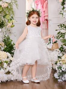 SHEIN Glamorique Kids Vestido de princesa sin mangas de unicolor con lazo en la cintura, falda de tul bordada tipo pastel, adecuado para bodas y fiestas formales