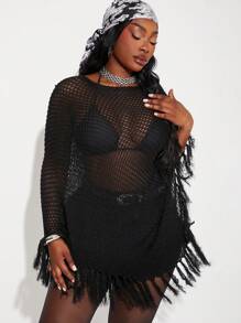 SHEIN SXY Plus Size Women 2025 Spring Summer New Fashion Openwork Crochet Fringe Poncho Blouse, Suitable For Beach Vacation, Date Night, Birthday, Bachelorette Party, Cute, Casual, Shopping, Streetwear, Going Out, Easy To Match & Looks Slim, Accent Your Body, Flatter The Figure - Black - View 4