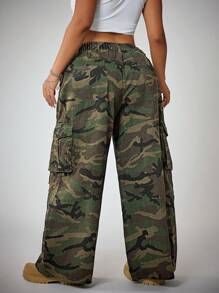 SHEIN ICON Plus Size Women's Casual Cargo Pants, Loose Fit Camo Print Trousers Summer Western Cowboy Style - Multicolor - View 3