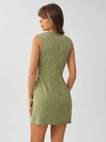 Wildy BOHO Sage Green Dress Western Wear Women Women Sleeveless Round Neck Bodycon Distressed Mini Dress - Army Green - View 7