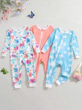 3pcs/Set Baby Girl Knit Long Sleeve Colorful Ditsy Floral Jumpsuit & Playsuit Winter Casual Home Outfit