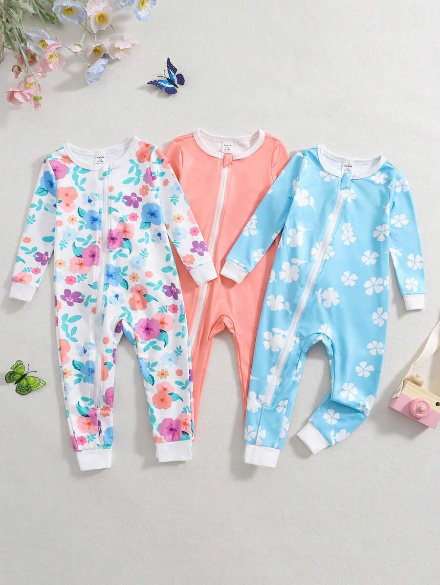 Set de 3 piezas Monos / Petos de una sola pieza de manga larga y casual con estampado floral para bebé niña en invierno - Multicolor - Ver 1
