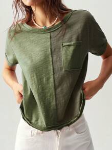 Bohemela Boho Vacation Casual Knit Color Block Round Neck Short Sleeve Loose T-Shirt For Women - Army Green - View 5