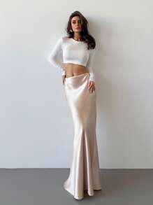 Firerie Váy đuôi cá dài thanh lịch lãng mạn cổ điển tinh tế ngày lễ tình nhân với cạp cao và vải satin vàng - Rượu sâm banh - Xem 4