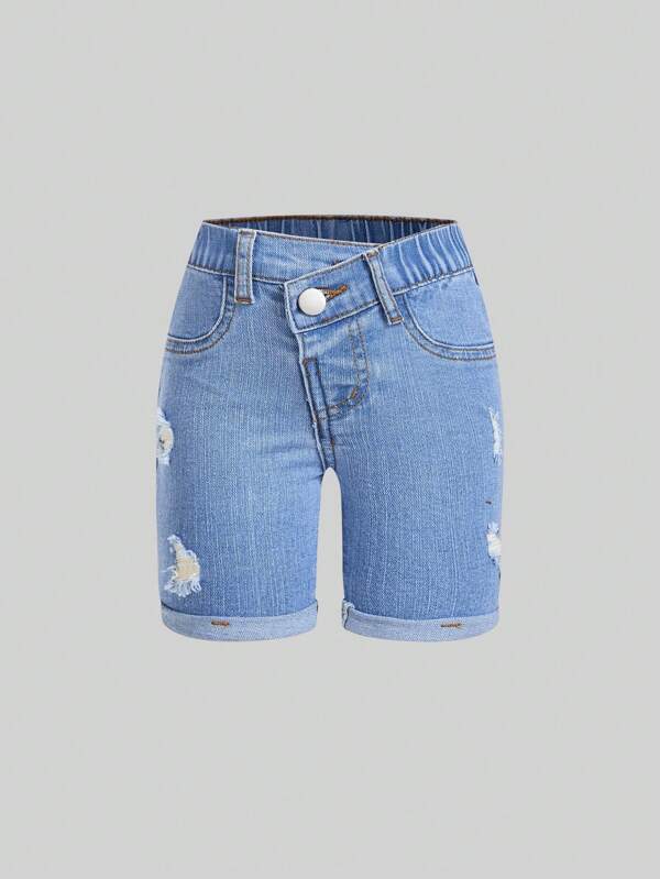 YOUNG GIRL URBAN STREET CASUAL DAILY SIMPLE WEST COUNTRY STYLE WRAP FRONT HIGH STRETCH MID-JEANSHORTS ,With Back Flat Pockets And Ripped Detail , Button Front Closure And Roll-Up Hem