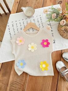 SHEIN LMoss Kids Fashionable Round Neck T-Shirt With Knitted 3D Floral Decor For Young Girls - Apricot - View 4