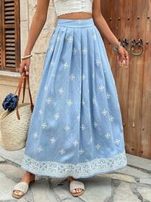 Breezaya 女士刺绣花朵褶皱 A 字裙 - 藍色 - 查看 5