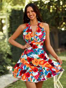 SHEIN VCAY Tutina senza schienale con stampa floreale e collo alla cavalliera da donna - celeste - Visualizzare 1
