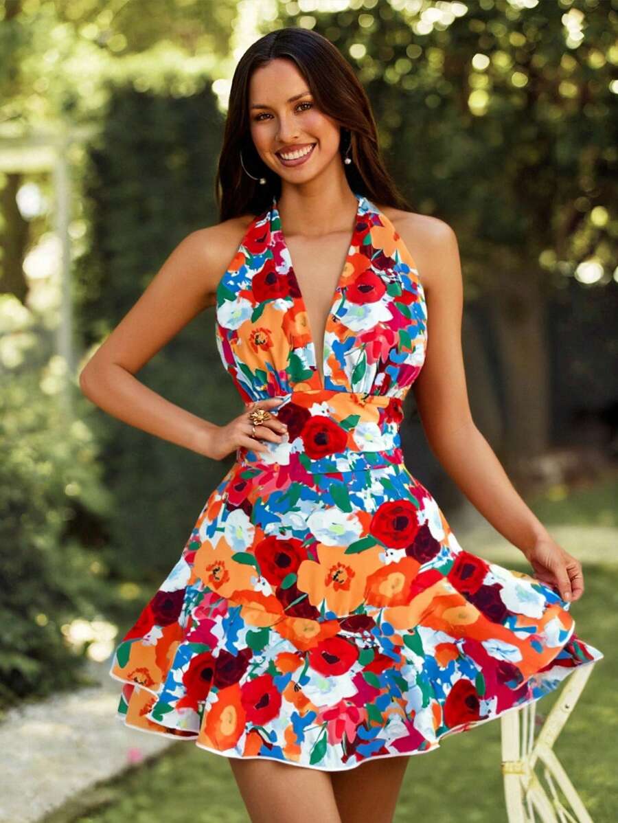 SHEIN VCAY Tutina senza schienale con stampa floreale e collo alla cavalliera da donna - celeste - Visualizzare 1