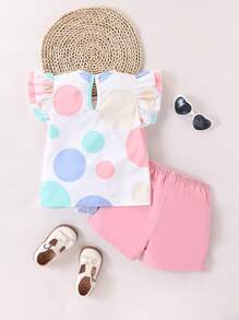 2 件套幼儿女孩可爱波尔卡圆点印花蝴蝶结装饰荷叶边上衣和短裤套装，适合夏季外出、度假和日常穿着