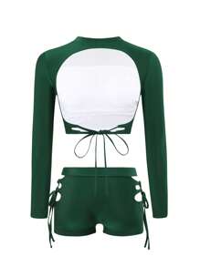 Swim SPRTY Women Solid Color Sexy Backless Crew Neck Long Sleeve Top And Side Tie Bottom Rashguard Set, Swimsuit For Surfing And Festivals, Boho Style, For Summer Beach Vacation