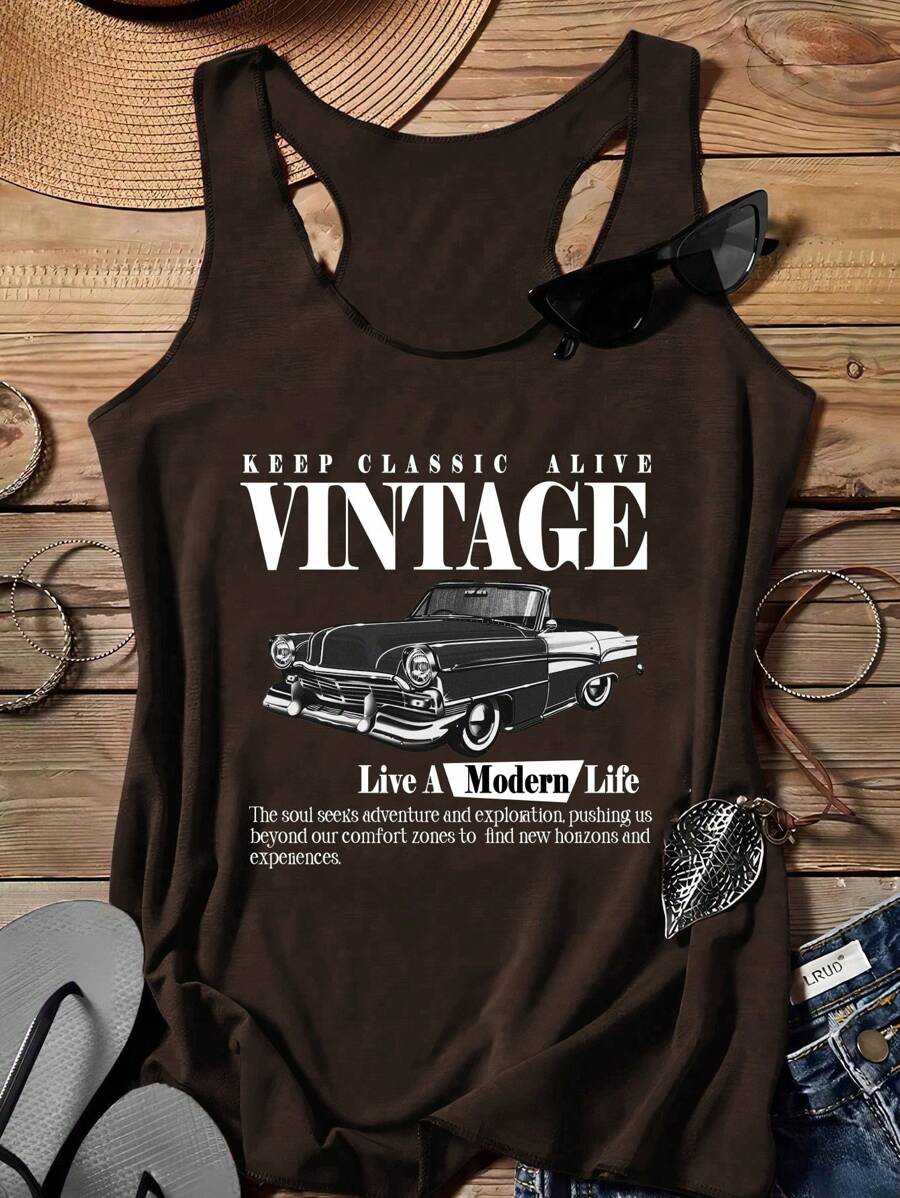 SHEIN LUNE Vintage Frauen Lässig Tank Top mit Slogan & Retro Auto Muster, figurbetont, Rundhalsausschnitt, Sommer