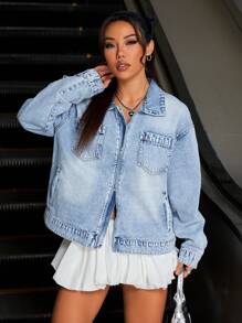 SHEIN ICON Loose Fit Light Wash Women's Denim Jacket/Coat - Light Wash - View 7