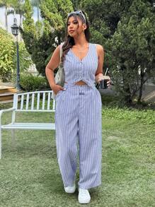 SHEIN EZwear 2pcs/Set Spring/Summer Casual Beige Striped Sleeveless Top And Straight Leg Pants