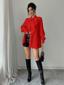 Elenzga Solid Color Bowknot Neck Long Women's Shirt; Shirt For Women; Blouse - Red - View 3