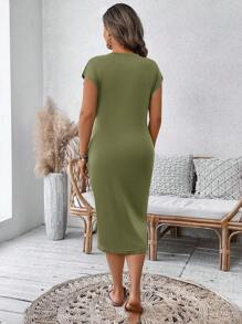 SHEIN Clasi Plus Size Elegant Solid Color Tie-Up Waist Bodycon Vacation Dress - Green - View 2