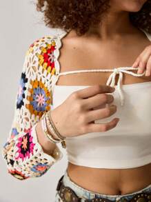 Easelle Summer Beach Vacation Island Crocheted Floral Woolen Cropped Top - Multicolor - View 3