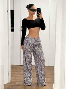 SHEIN ICON Y2K Low-Waist All-Over Tree Branch Print Straight Leg Wide Leg Pants - Multicolor - View 6
