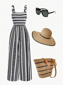 SHEIN LUNE 大码女式休闲几何印花无袖阔腿连体裤，海滩度假海岛装 - 彩色 - 查看 1