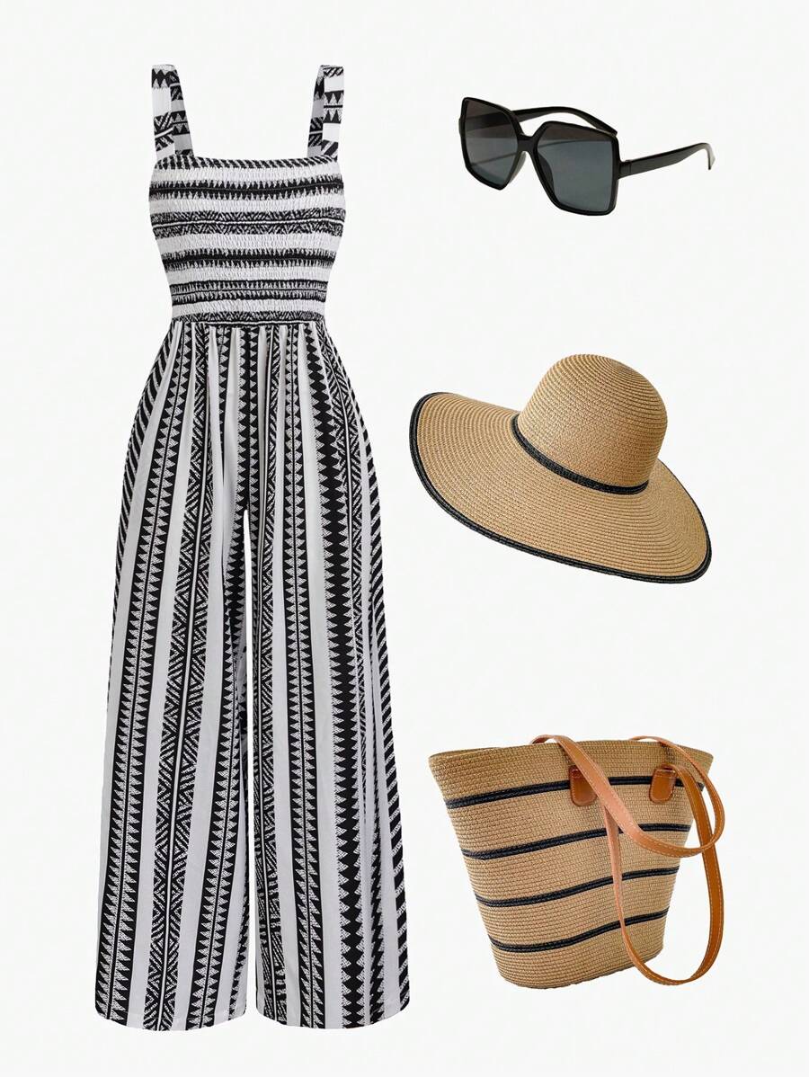 SHEIN LUNE 大码女式休闲几何印花无袖阔腿连体裤，海滩度假海岛装 - 彩色 - 查看 1