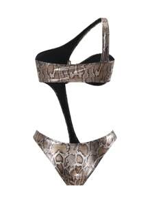SHEIN Swim Costum de baie dintr-o bucată, sexy, cu imprimeu de piele de șarpe, decolteu asimetric, fără sârmă, croială înaltă, cu gol, pentru femei