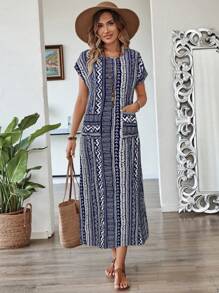 EMERY ROSE Robe longue décontractée pour femme avec col rond, manches chauve-souris et motif géométrique rayé, idéale pour les vacances