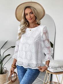 SHEIN LUNE Women's Vacation Casual Solid Color Floral Embroidery Mesh Blouse - Apricot - View 2