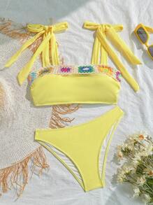 Swim Mod Women's Spring Break Cute Playful Yellow Crochet Trim Bikini Set, For Summer Beach Vacation - Multicolor - View 1