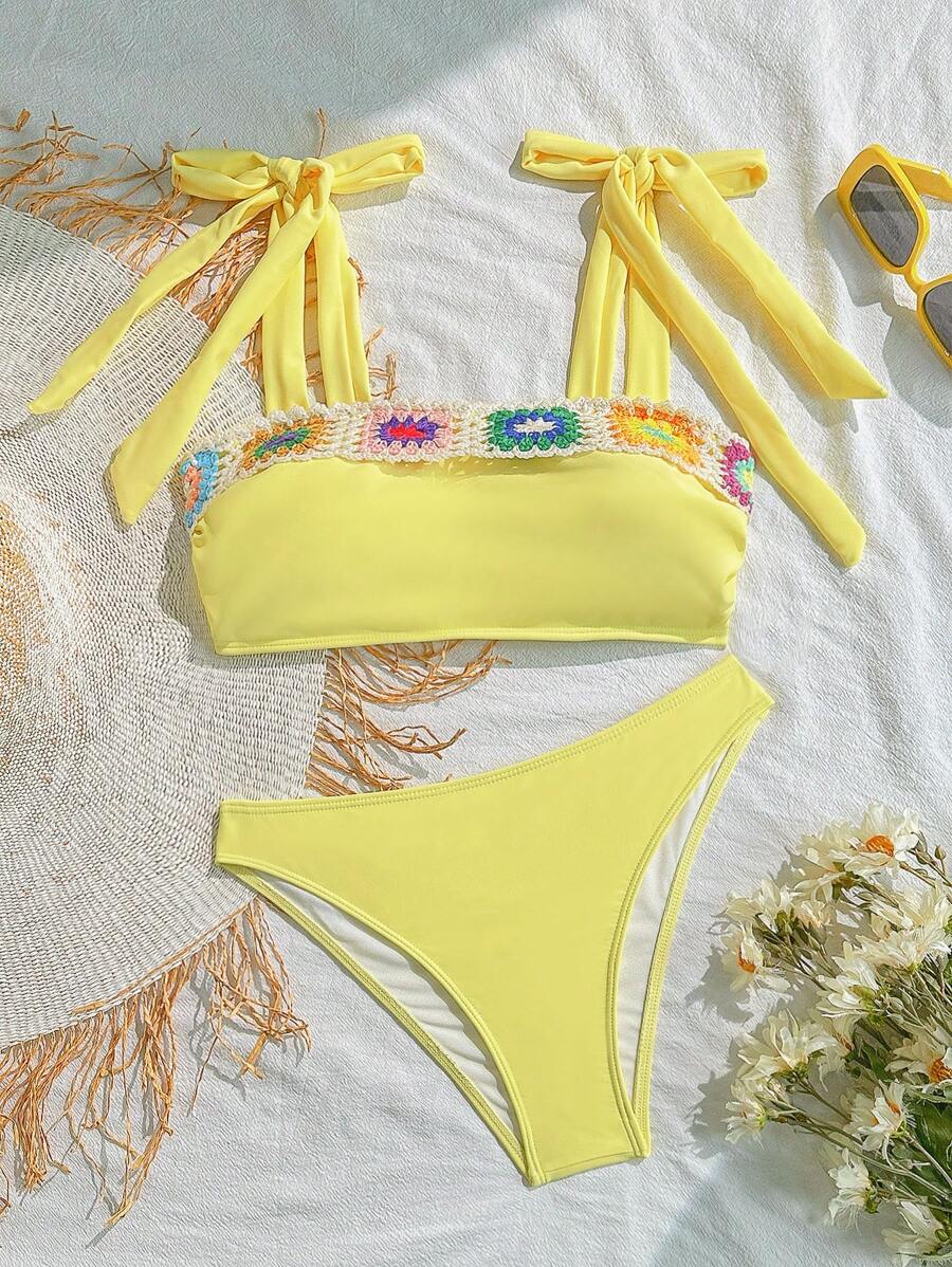 Swim Mod Women's Spring Break Cute Playful Yellow Crochet Trim Bikini Set, For Summer Beach Vacation - Multicolor - View 1