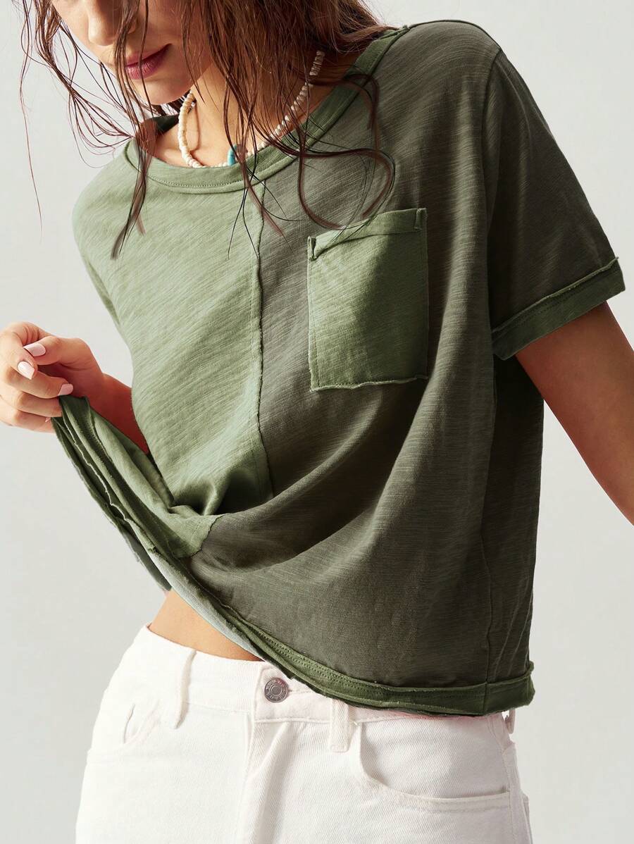 Bohemela Boho Vacation Casual Knit Color Block Round Neck Short Sleeve Loose T-Shirt For Women - Army Green - View 1