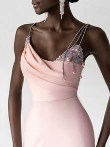 SHEIN Belle Elegant Shiny Sequin Splice Spaghetti Strap High-Waisted Fishtail Trailing Luxury Handwoven Faux Pearl Decor Evening Gown, Wedding Guest Dress, Party Dress, Formal Dress - Pink - View 1