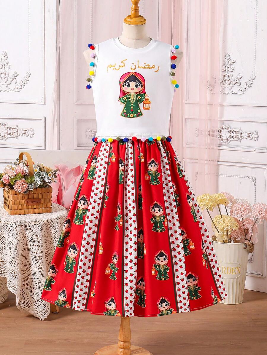 少女金色花朵乌尔都玫瑰长袍,节日少女传统连衣裙,带有乌尔都玫瑰碎花图案,宽裙,荷叶边围兜,舒适的针织面料,2 件套,包含印花 T 恤和荷叶边裙,俏皮可爱 - 彩色 - 查看 1