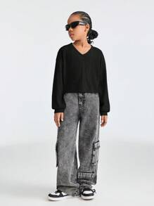 SHEIN Tween-Mädchen Herbst-Outfits: Drop-Shoulder Crop-T-Shirt mit V-Ausschnitt und Rippenmuster für Thanksgiving