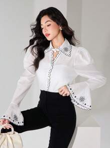 Modelyn Women's Hollowed-Out Collar, Scallop Trim, Bell Sleeve, Pearl Button, Embroidered Blouse