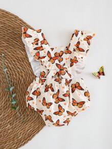 Cozy Pixies Baby Girl Butterfly Pattern Square Neck Cap Sleeve Bodysuit, Casual & Versatile - Multicolor - View 2
