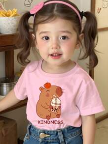 SHEIN Leap Crew Cute Capybara Cartoon Animal Print, Pink, Young Girl Casual Minimalist Round Neck Short Sleeve T-Shirt, Suitable For Summer - Multicolor - View 1