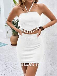 SHEIN VCAY Summer Boho Tassel Trim Tie Backless Halter Top & Bodycon Skirt Two Pieces Set