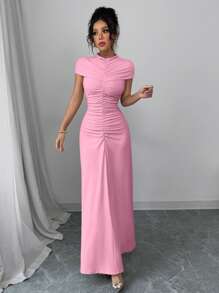 Elenzga Abito da sera di lusso da donna Elenzga, colore unito, design arricciato, elegante con maniche a cappuccio, maxi dress, abito lungo per estate, stile boho, vacanza, festival