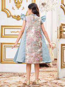 SHEIN Tween Girl Loose Elegant Jacquard Patchwork Ruffle Sleeve Round Neck A-Line Dress - Green - View 11