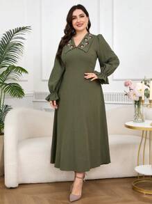 Mulvari Plus Size Women Floral Embroidered Long Sleeve Elegant Dress - Multicolor - View 4