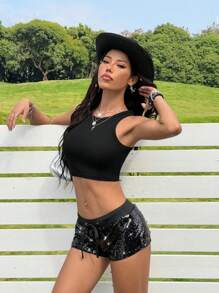 SHEIN EZwear Women's Fashionable Sexy Sequin Drawstring Low Waist Mini Shorts - Black - View 3