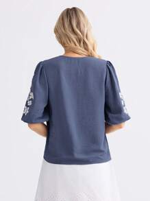 Miaspire Women's V-Neck Vacation Style Fringed Rope Mid-Long Sleeve Blue Fabric Positioning Print Shirt - Blue - View 2