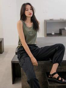 DAZY Slogan Graphic Tank Top YOUNG AT AGE OLD SCHOOL Summer - Army Green - View 4