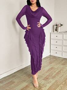 Modelyn Elastic Mesh Ruffled Collar Bodycon Dress For Women, Elegant Spring/Summer - Red Violet - View 5