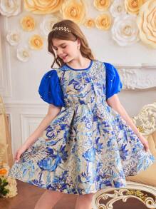 SHEIN 优雅少女嵌花拼接别致连衣裙 - 藍色 - 查看 1
