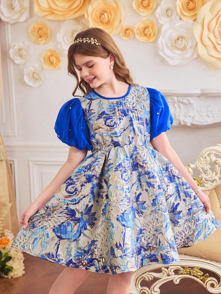 SHEIN 优雅少女嵌花拼接别致连衣裙 - 藍色 - 查看 1