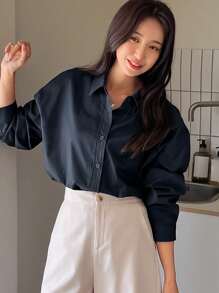 DAZY 纯色落肩纽扣前襟衬衫，秋装长袖上衣 - 藏蓝色 - 查看 4